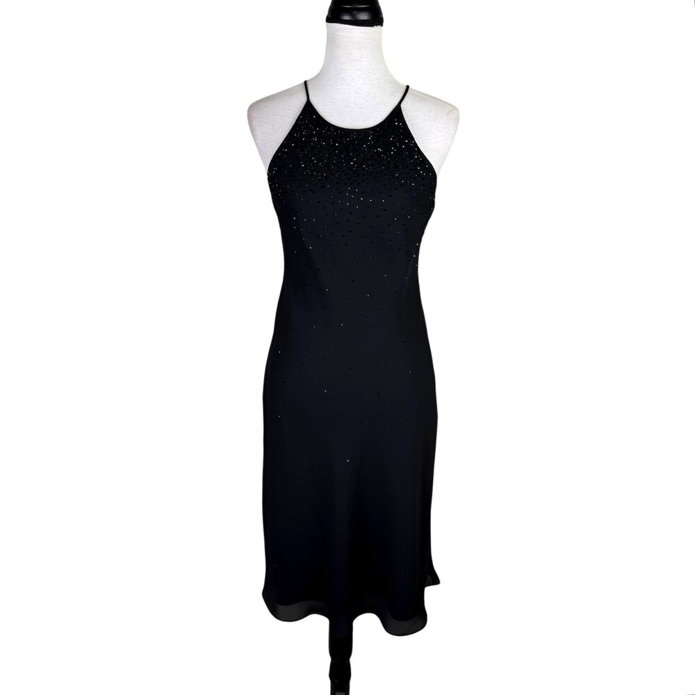 Vintage Amanda Smith 90s Y2K Black Chiffon Seed Bead Halter Strap Party Dress